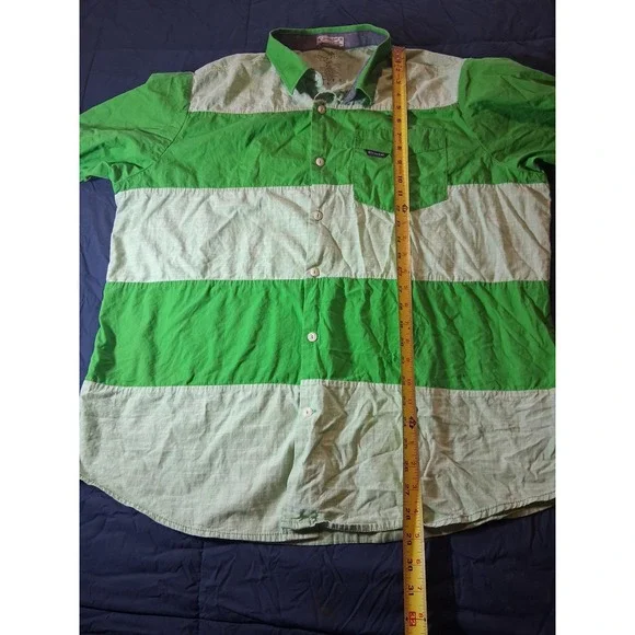 Rocawear Mens 2XL Green Striped Short Sleeve Button Up Shirt Cotton Slub Poplin - Picture 3 of 6